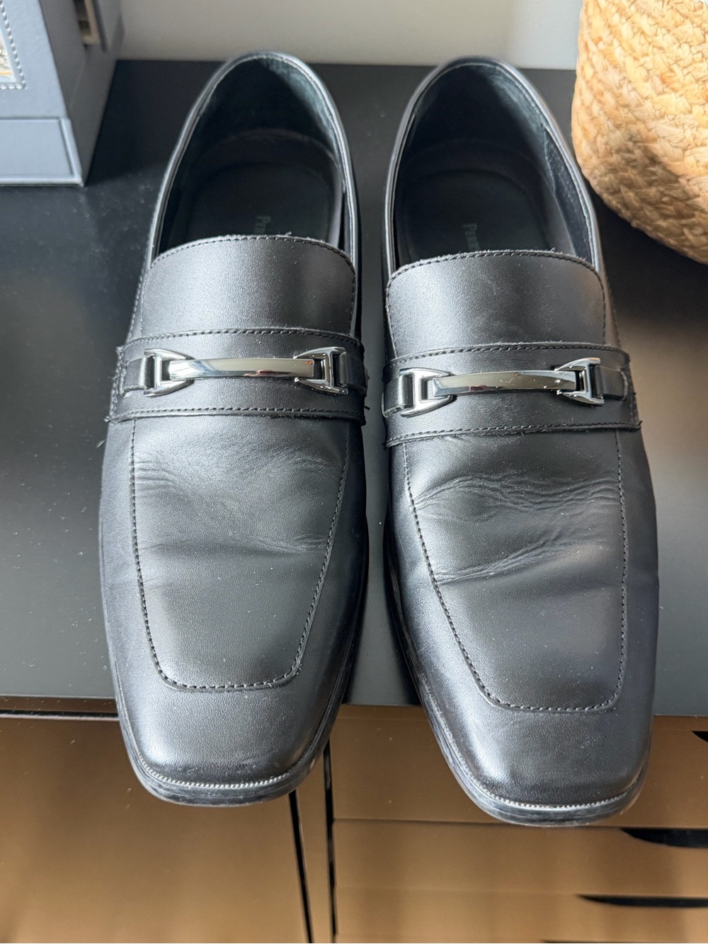 Black Leather Men’s Slip-On Dress Loafers Perry Ellis 40